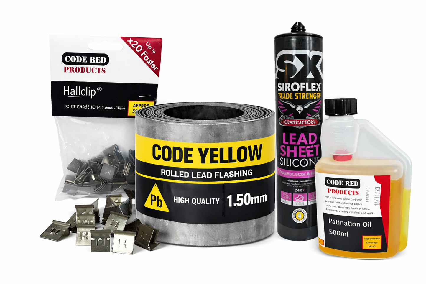 Lead Flashing Bundle: Code Yellow 6m x 150 mm plus patination oil, lead sheet silicone and hallclips
