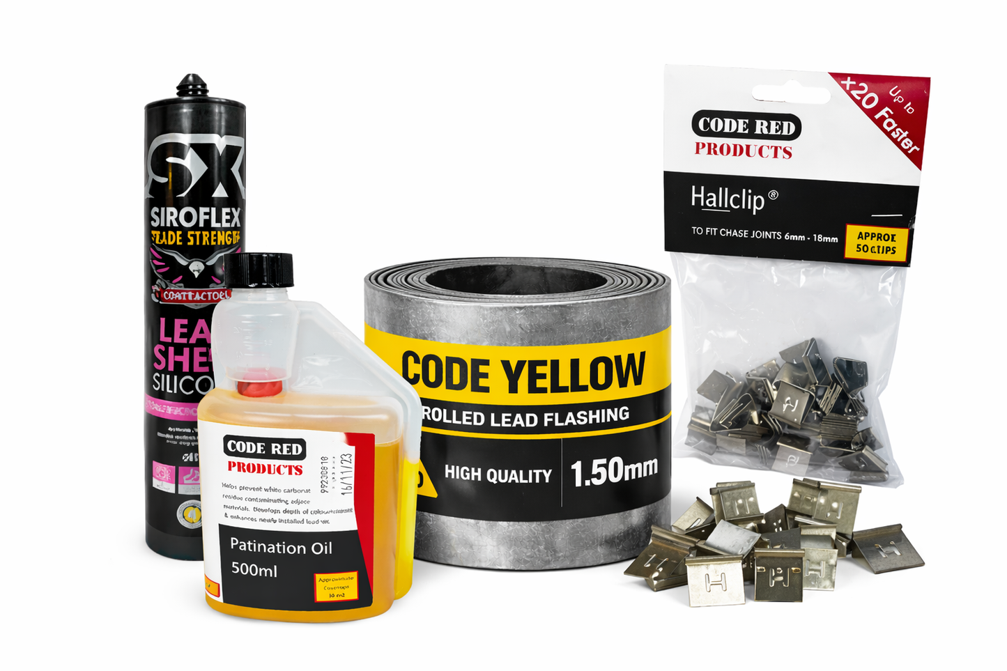Lead Flashing Bundle : Code Yellow 6m x 225mm, Lead Sealant, Patination Oil and Hall Clips