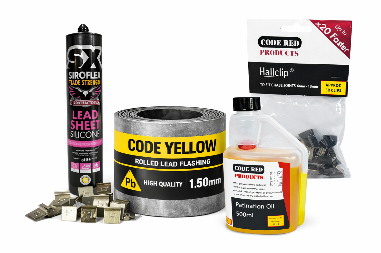 Lead Flashing Bundle: Code Yellow 6m x 300mm, Lead Sealant, Patination Oil and Hall Clips